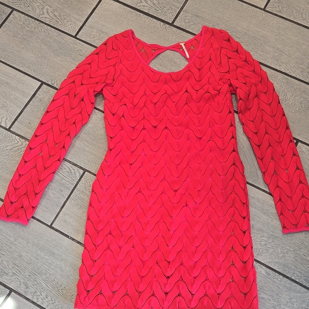 Free People Coral Red Pointelle Knit Long Sleeve Cutout Back Mini Dress Medium